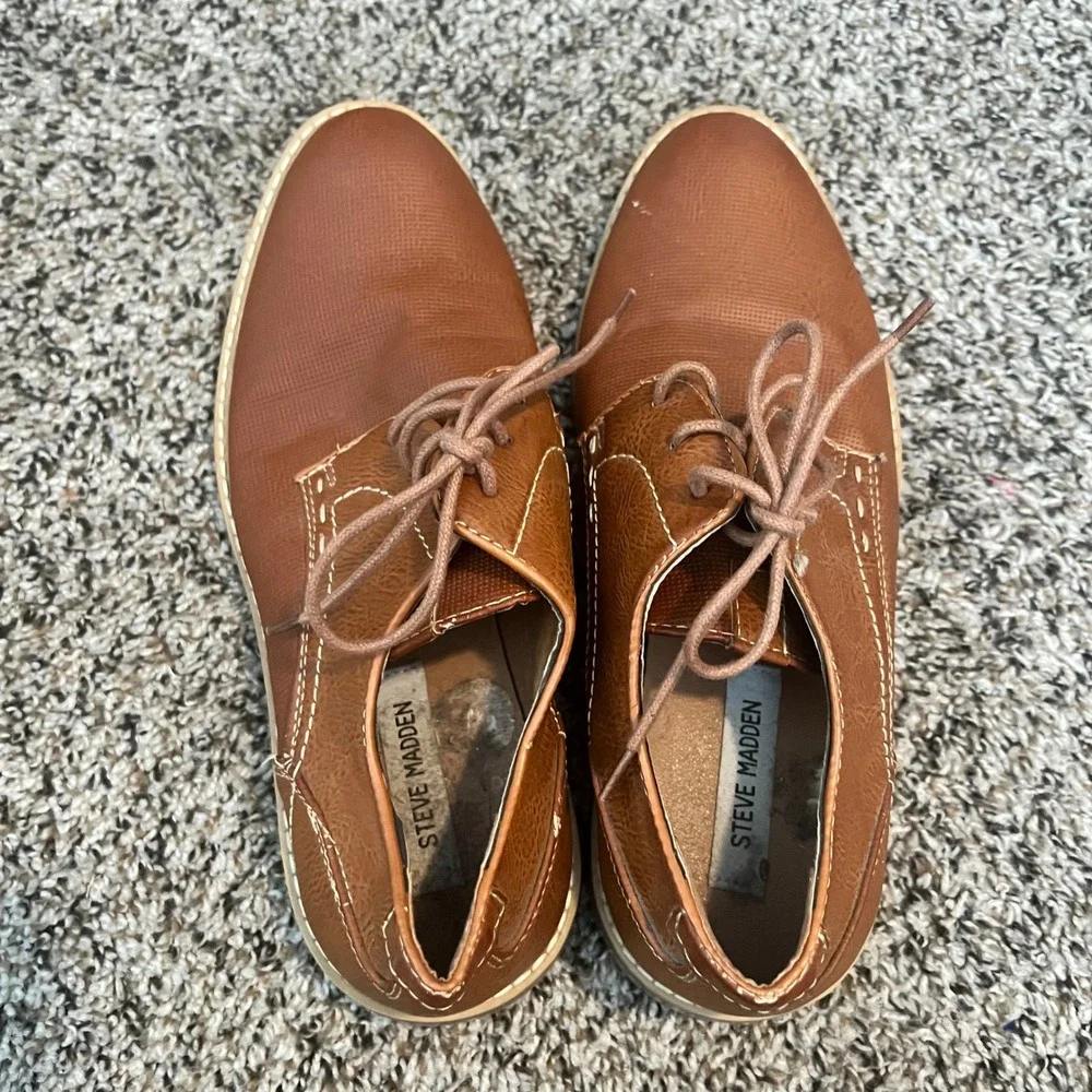 Steve Madden Mens P-Peter Cognac Brown Textured Lace Up Derby Dress Shoes Size 8